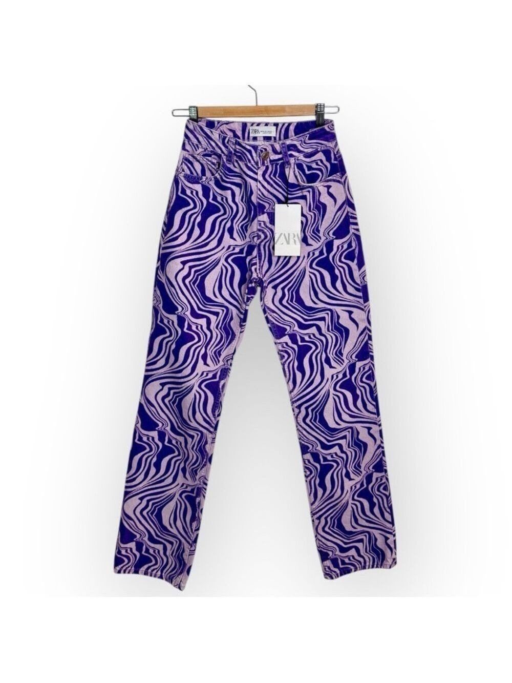 Zara Purple Lilac Marbled Print Straight Leg Denim Pants Size 2